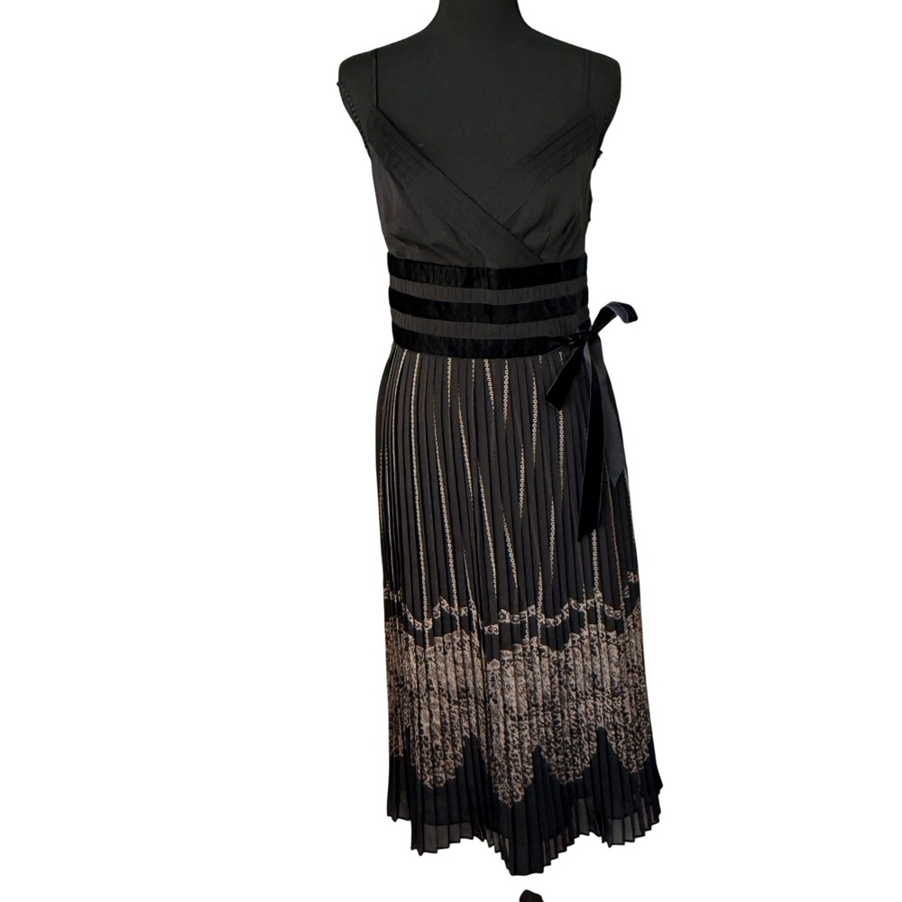 Ann Taylor LOFT Black Pleated Midi Dress Velvet Waist Ribbon Tie Size 4 NWOT